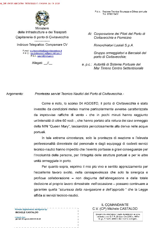 Prontezza servizi Tecnico Nautici del Porto di Civitavecchia - Encomi - Gruppo Ormeggiatori e Barcaioli del Porto di Civitavecchia